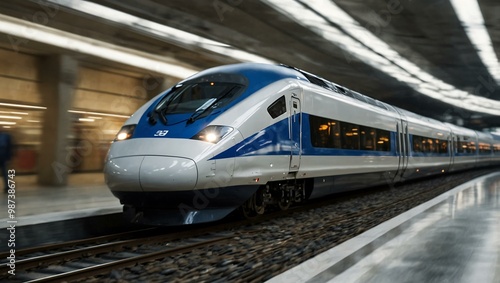 High-speed train captured in motion blur.