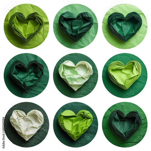 Dark light green lime crumpled crushed scrunched torn paper heart love, circle round shape on a transparent background, PNG file.