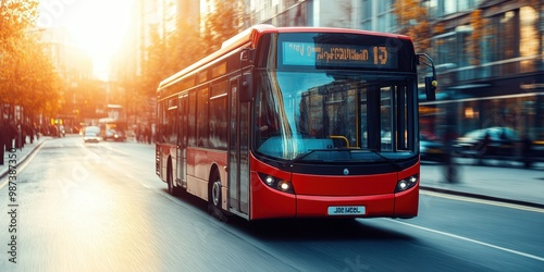 Fototapeta Naklejka Na Ścianę i Meble -  A vibrant red city bus traveling down a bustling urban street during sunrise, casting beautiful light reflections on the side, surrounded by architectural buildings and autumn-colored trees