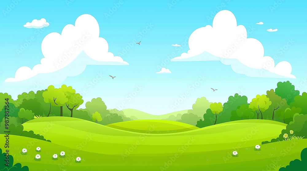A cute cartoon vector illustration flat cartoon of Green meadow landscape and mini white flower,Green hills background . A cute cartoon vector illustration flat cartoon of Green meadow landscape and mini white flower,Green hills background .