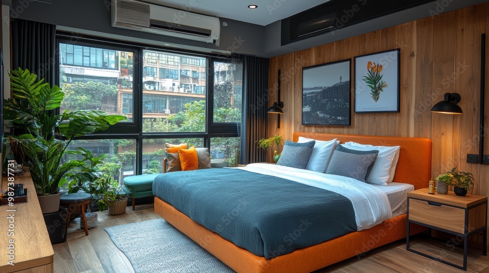 Obraz premium Modern urban bedroom with cozy bed, nature-inspired decor, and large window providing a view of neighboring buildings and lush greenery outside