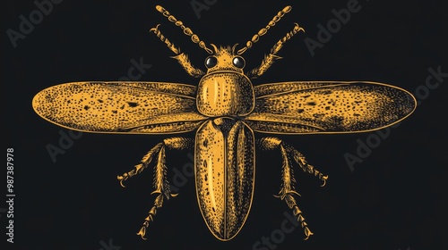 This artwork features a detailed insect in a historic engraving style, highlighting its anatomy