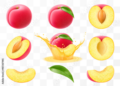 Whole, half and sliced of plum, red plum falls into a splash of juice, Plum with stone isolated on transparent background. Set fruits or berries, fresh organic food. Realistic vector 3d illustration