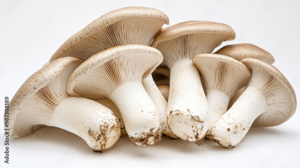 A close-up of fresh king oyster mushrooms neatly arranged on a clean white background, highlighting their smooth caps and thick, meaty stems. A close-up of fresh king oyster mushrooms neatly arranged on a clean white background, highlighting their smooth caps and thick, meaty stems.