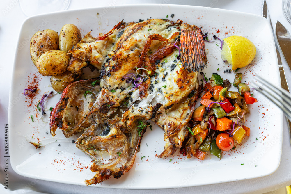 Fischgericht mit Beilagen in einem Restaurant auf weißer Tischware Fischgericht mit Beilagen in einem Restaurant auf weißer Tischware