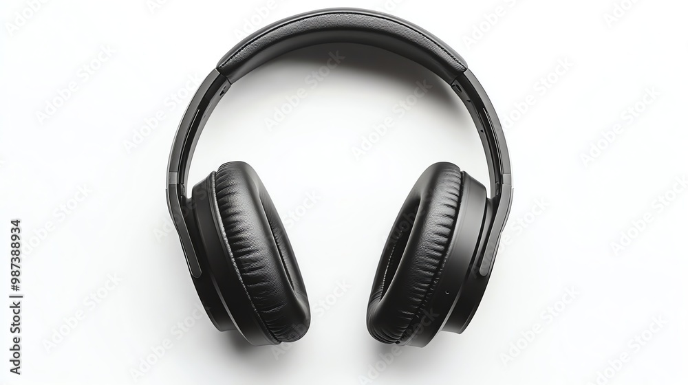 A pair of black headphones on a white background. A pair of black headphones on a white background.