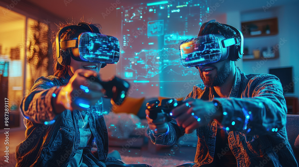 virtual reality gaming, A duo engaging in virtual reality gaming, each wearing headsets and wielding controllers, in a futuristic living room with holographic displays of their virtual reality gaming, A duo engaging in virtual reality gaming, each wearing headsets and wielding controllers, in a futuristic living room with holographic displays of their