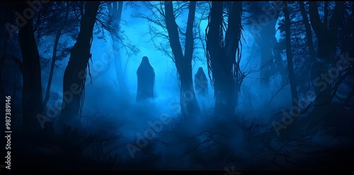 A dark, foggy forest at night with ghostly figures