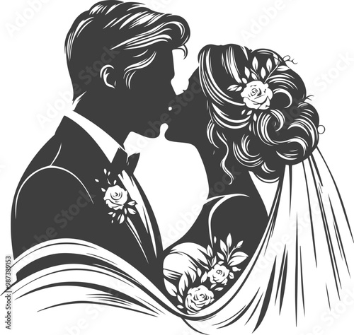 wedding husband wife, romantic couple, and Kissing couple silhouette vector design.