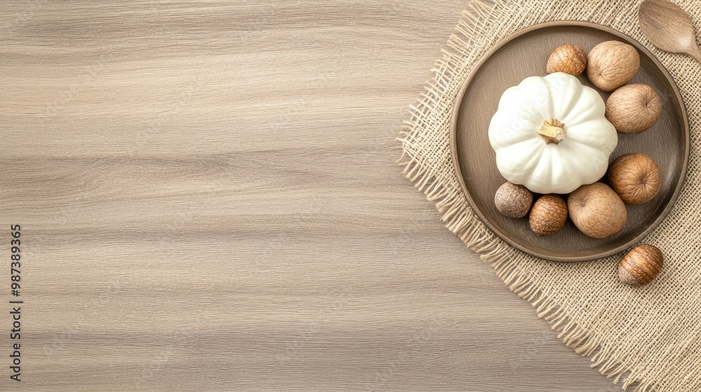 A charming table setting features a small white pumpkin and acorns on a plate, accompanied by a linen napkin atop a burlap runner, perfect for autumn gatherings A charming table setting features a small white pumpkin and acorns on a plate, accompanied by a linen napkin atop a burlap runner, perfect for autumn gatherings