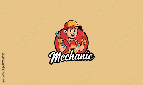 Cheerful mechanic holding wrench and screwdriver vector.
