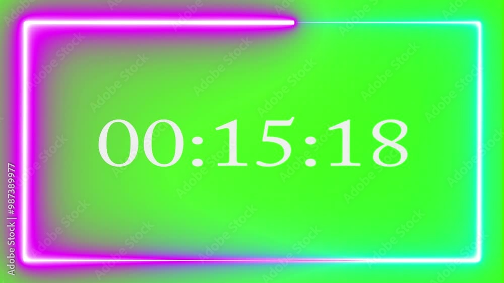 Countdown timer 1 hour minute, digital alarm clock with  pink and blue neon light trails animation on rectangle frame  on green screen chroma key colour display.