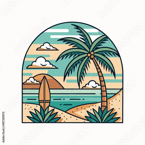 Tropical Beach Sunset with Palm Tree and Surfboards - Vector Illustration