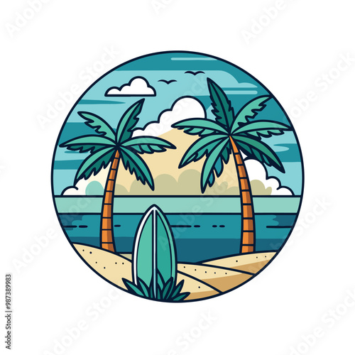 Tropical Beach Sunset with Palm Tree and Surfboards - Vector Illustration