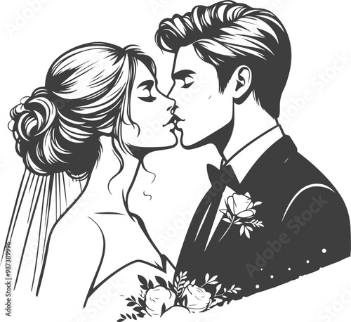 wedding husband wife, romantic couple, and Kissing couple silhouette vector design.