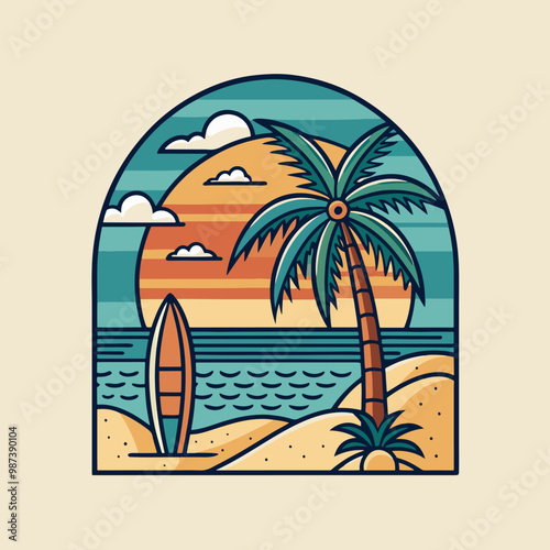 Tropical Beach Sunset with Palm Tree and Surfboards - Vector Illustration