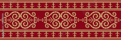 Vector gold and red seamless Yakut ornament. Endless border, frame of the northern peoples of the Far East.