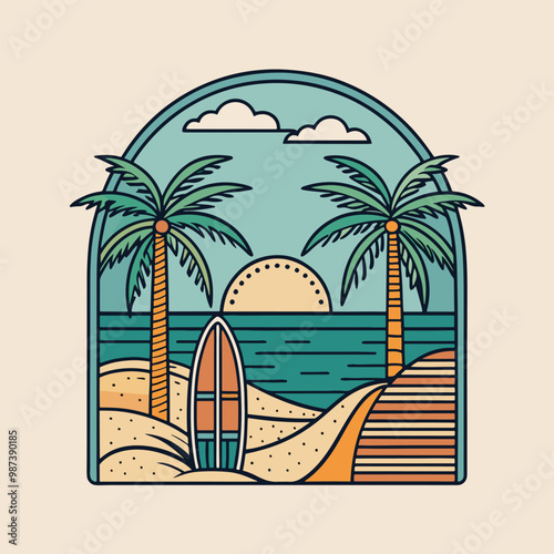 Tropical Beach Sunset with Palm Tree and Surfboards - Vector Illustration