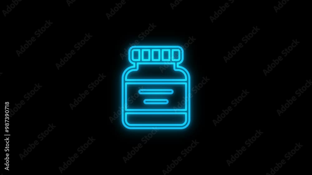 A glowing neon effect of a supplement icon is set on a black background. 4K video motion graphic animation.
