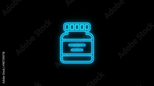 A glowing neon effect of a supplement icon is set on a black background. 4K video motion graphic animation.