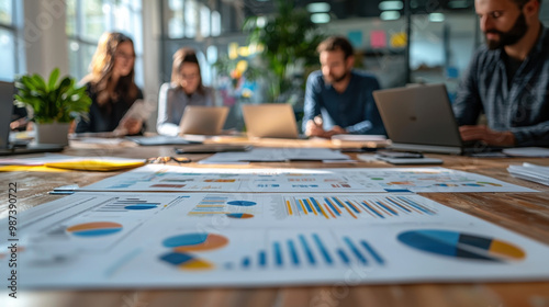 project management planning,  Project management planning meeting with diverse professionals reviewing charts in a bright office