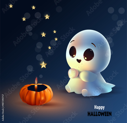Adorable ghost with candle on dark background with stars. Postcard, banner, poster, Halloween greetings