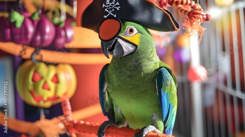 Cheerful parrot wearing a pirate hat and eye patch perched on a Halloween themed background with costume accessories like a perch decorated for the holiday photo