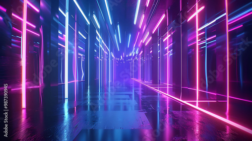 Dark corridor illuminated by glowing neon lights