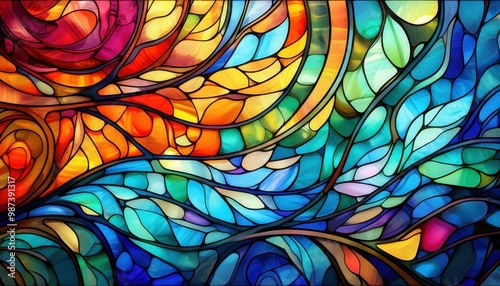 A colorful stained glass window with a tree and leaves. The colors are bright and vibrant, creating a sense of energy and life. The window is likely meant to be a focal point in a room