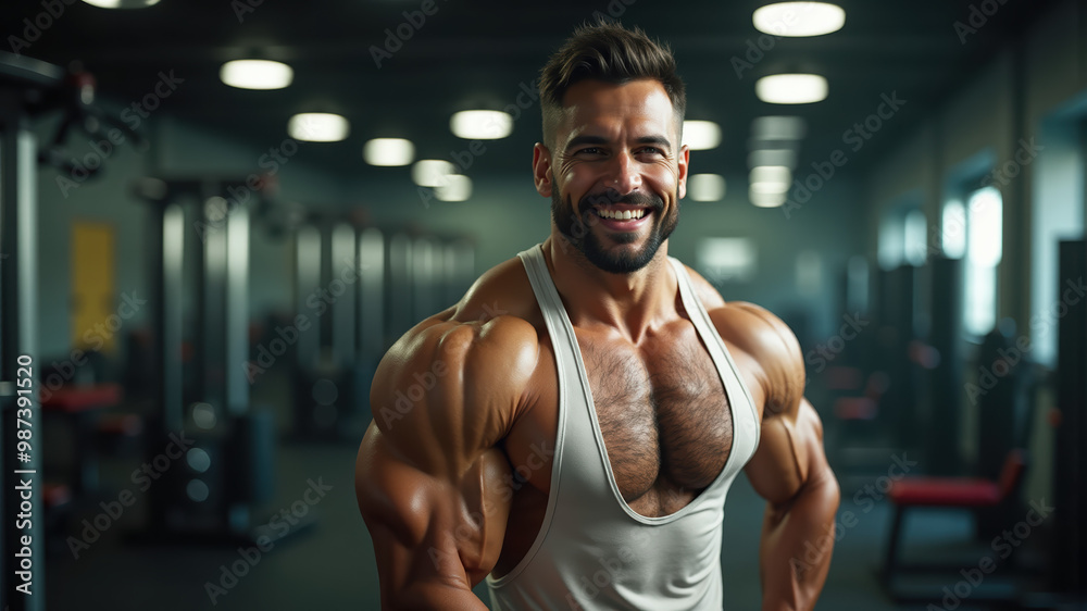 A Stunning Display of Strength and Detail: Muscular Man Posing Confidently in a Gym, showcasing a detailed physique in a white tank top with a blurred background A Stunning Display of Strength and Detail: Muscular Man Posing Confidently in a Gym, showcasing a detailed physique in a white tank top with a blurred background