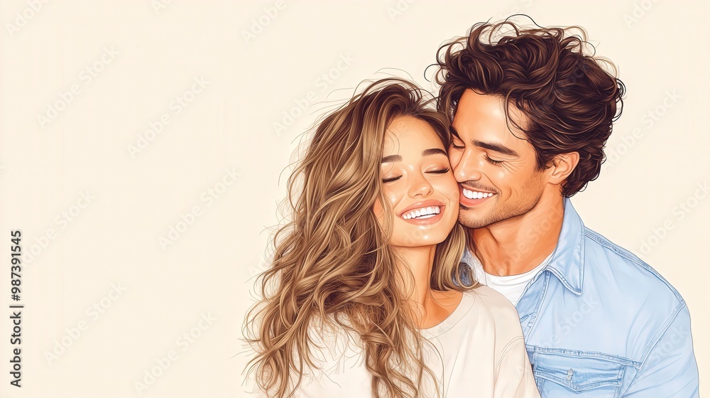 Joyful Embrace, a loving couple shares a playful moment, the man lifts his wife with joy, warm beige backdrop enhances their laughter, adorned in light gray and jeans, rich tones evoke romance. Joyful Embrace, a loving couple shares a playful moment, the man lifts his wife with joy, warm beige backdrop enhances their laughter, adorned in light gray and jeans, rich tones evoke romance.