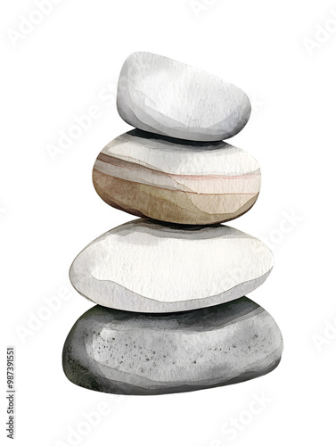 Serene Stacked Stones in Watercolor Illustration
