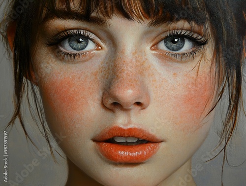 Close-Up Portrait of a Young Woman with Freckles and Blue Eyes