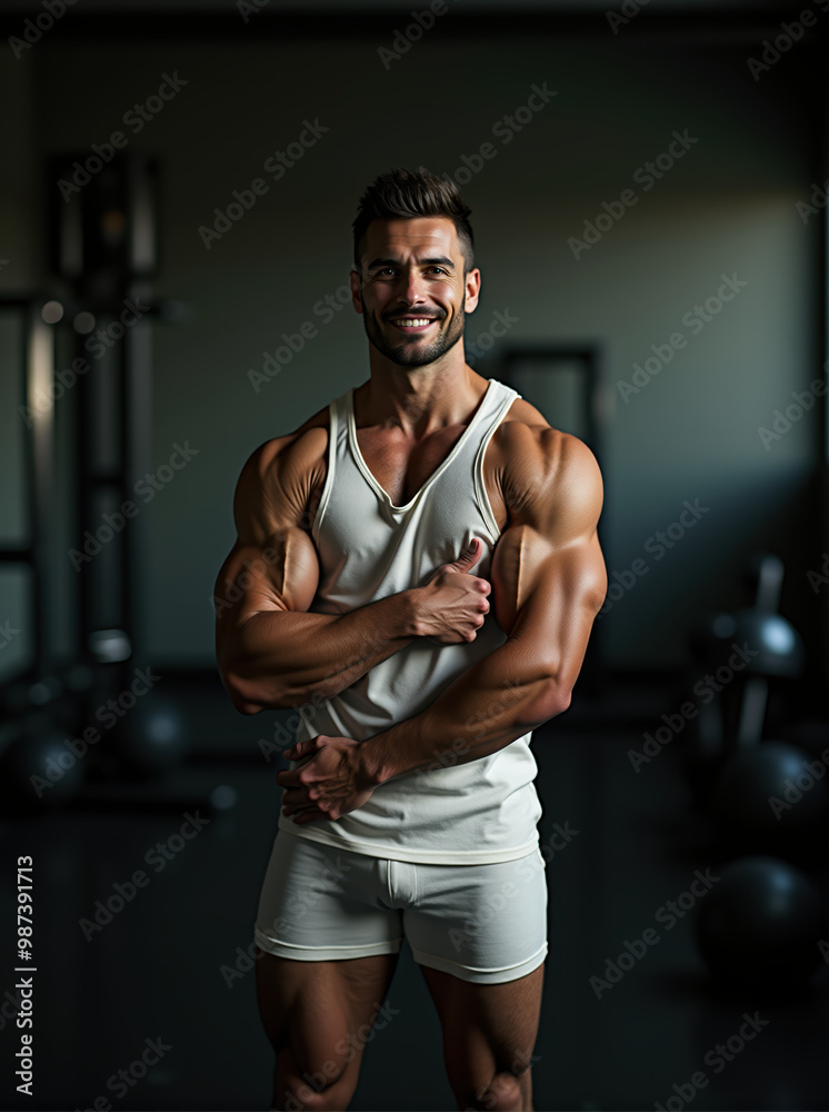 A Stunning Display of Strength and Detail: Muscular Man Posing Confidently in a Gym, showcasing a detailed physique in a white tank top with a blurred background A Stunning Display of Strength and Detail: Muscular Man Posing Confidently in a Gym, showcasing a detailed physique in a white tank top with a blurred background