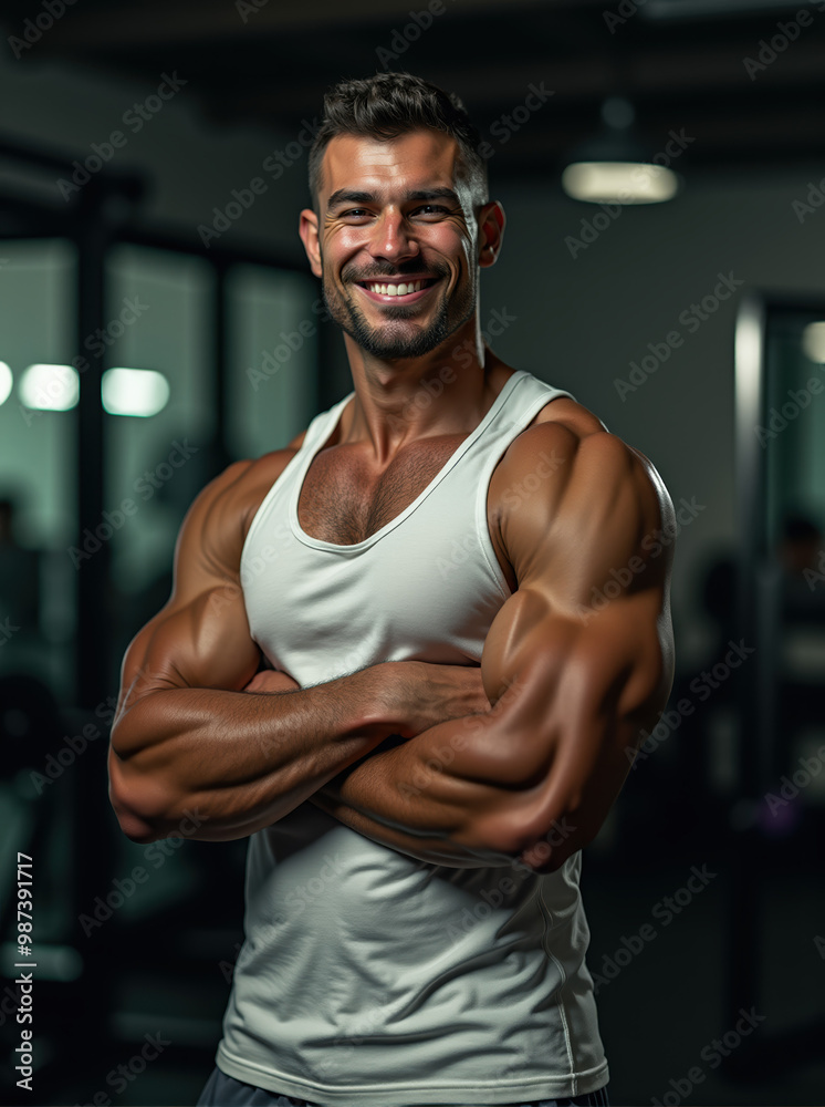 A Stunning Display of Strength and Detail: Muscular Man Posing Confidently in a Gym, showcasing a detailed physique in a white tank top with a blurred background A Stunning Display of Strength and Detail: Muscular Man Posing Confidently in a Gym, showcasing a detailed physique in a white tank top with a blurred background