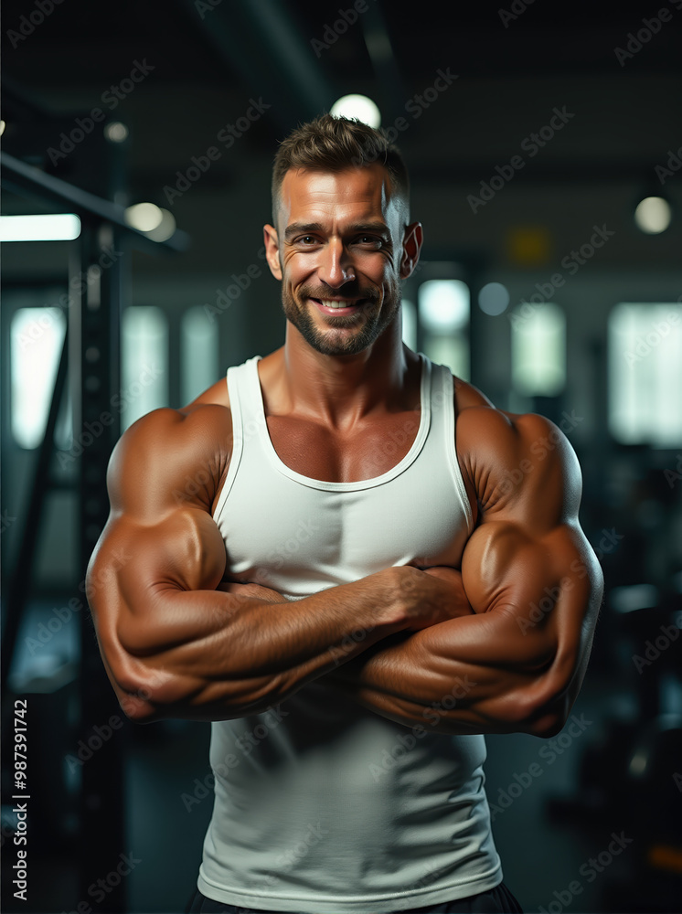 A Stunning Display of Strength and Detail: Muscular Man Posing Confidently in a Gym, showcasing a detailed physique in a white tank top with a blurred background A Stunning Display of Strength and Detail: Muscular Man Posing Confidently in a Gym, showcasing a detailed physique in a white tank top with a blurred background