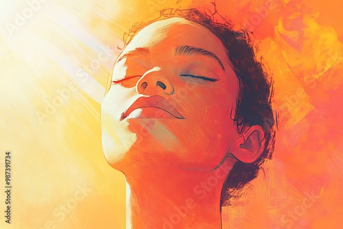 Portrait of a serene young Black woman basking in warm, golden sunlight. photo