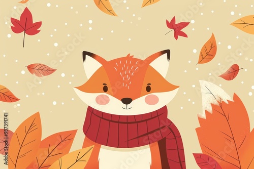 Cozy fox in autumn leaves illustration