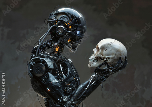 Futuristic cyborg holding human skull. Contrast between artificial intelligence and mortality. Philosophical exploration of humanity and technology