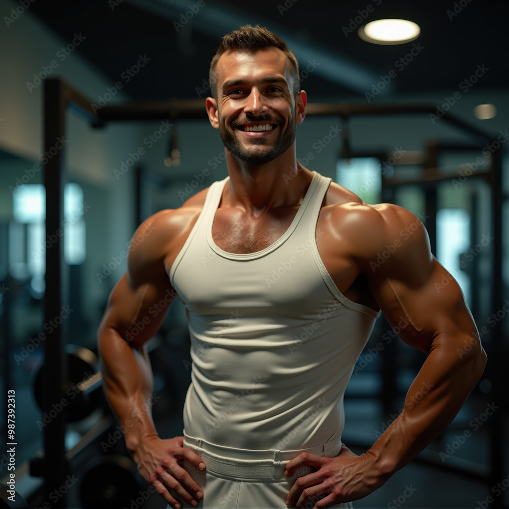 Fototapeta premium A Stunning Display of Strength and Detail: Muscular Man Posing Confidently in a Gym, showcasing a detailed physique in a white tank top with a blurred background