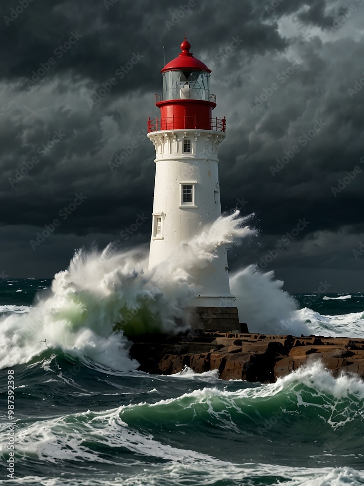 Lighthouse standing tall against a stormy sea with crashing waves. Lighthouse standing tall against a stormy sea with crashing waves.