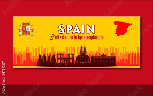 Spain national day banner for España , Espana or Espana with famous landmarks silhouettes and map themed in Spanish flag colors design.