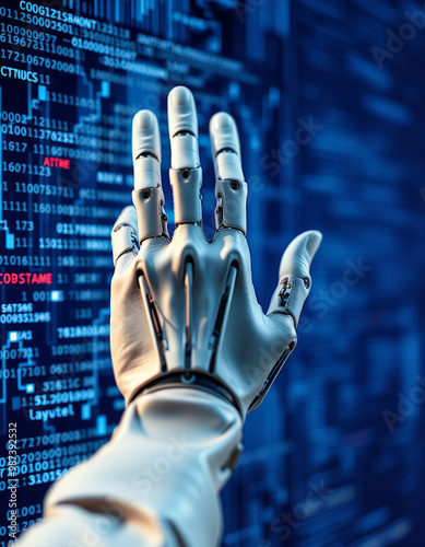 robotic palm on blue digital code background