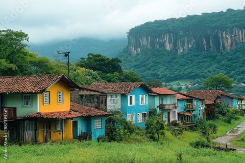 Colorful houses standing in front of mountain in the countryside