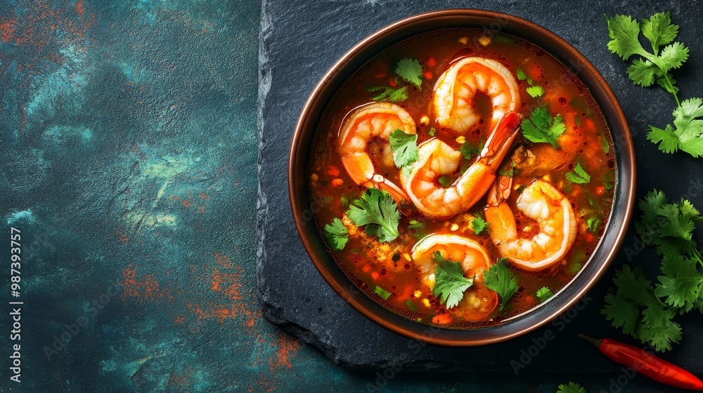 Delicious Tom Yum Soup with Shrimp on Dark Stone Table, Garnished with Cilantro and Chili - Vibrant Culinary Experience Delicious Tom Yum Soup with Shrimp on Dark Stone Table, Garnished with Cilantro and Chili - Vibrant Culinary Experience