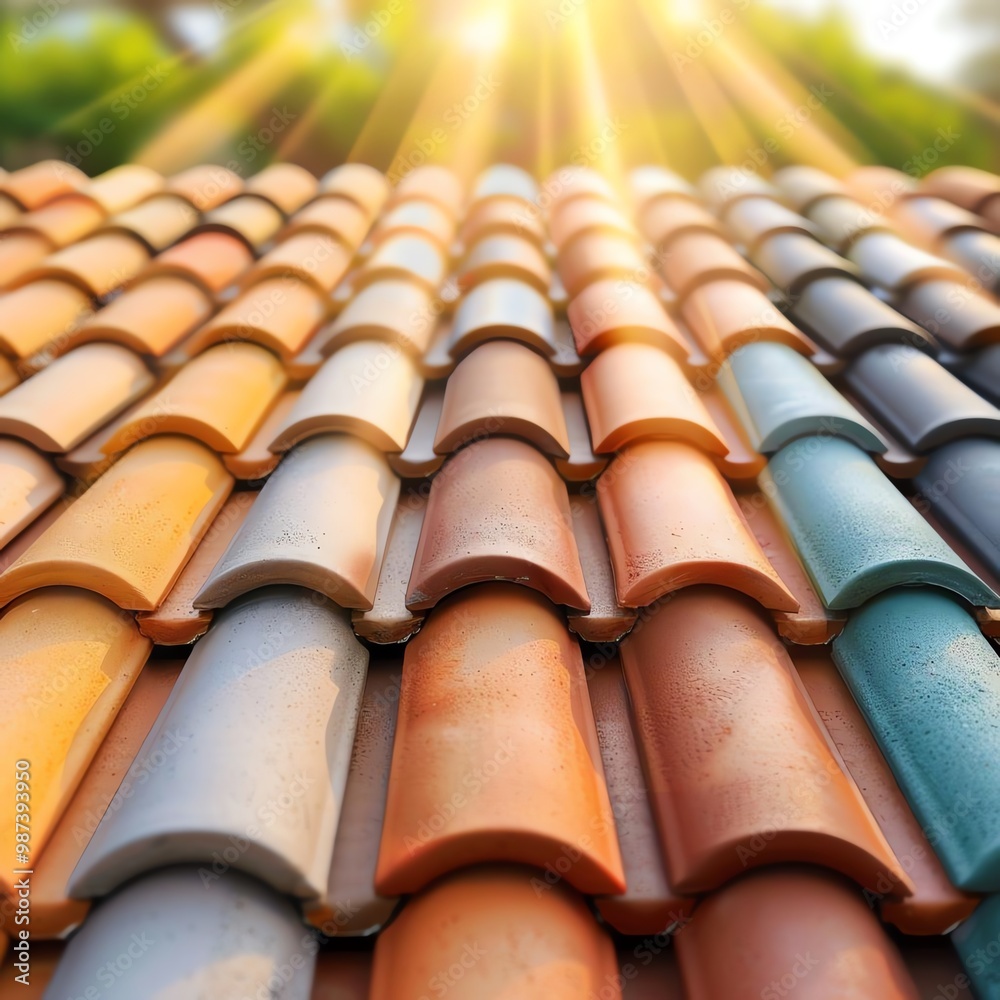 roofing materials on insurance premiums, with light beams highlighting different roof types. roofing materials on insurance premiums, with light beams highlighting different roof types.