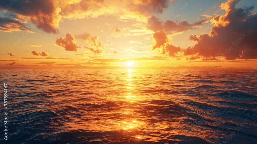 Fototapeta premium Golden Sunset Over Calm Sea with Clear Weather