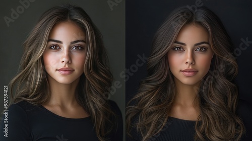 A dramatic before-and-after shot showcasing the transformation of a woman's look with professional makeup application, highlighting the artistry involved.