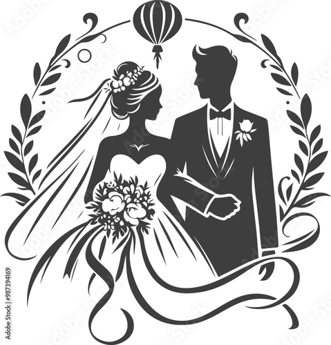 wedding husband wife, romantic couple, and Kissing couple silhouette vector design