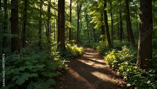 Lush canopies cast dappled shadows on rustic Michigan trails.